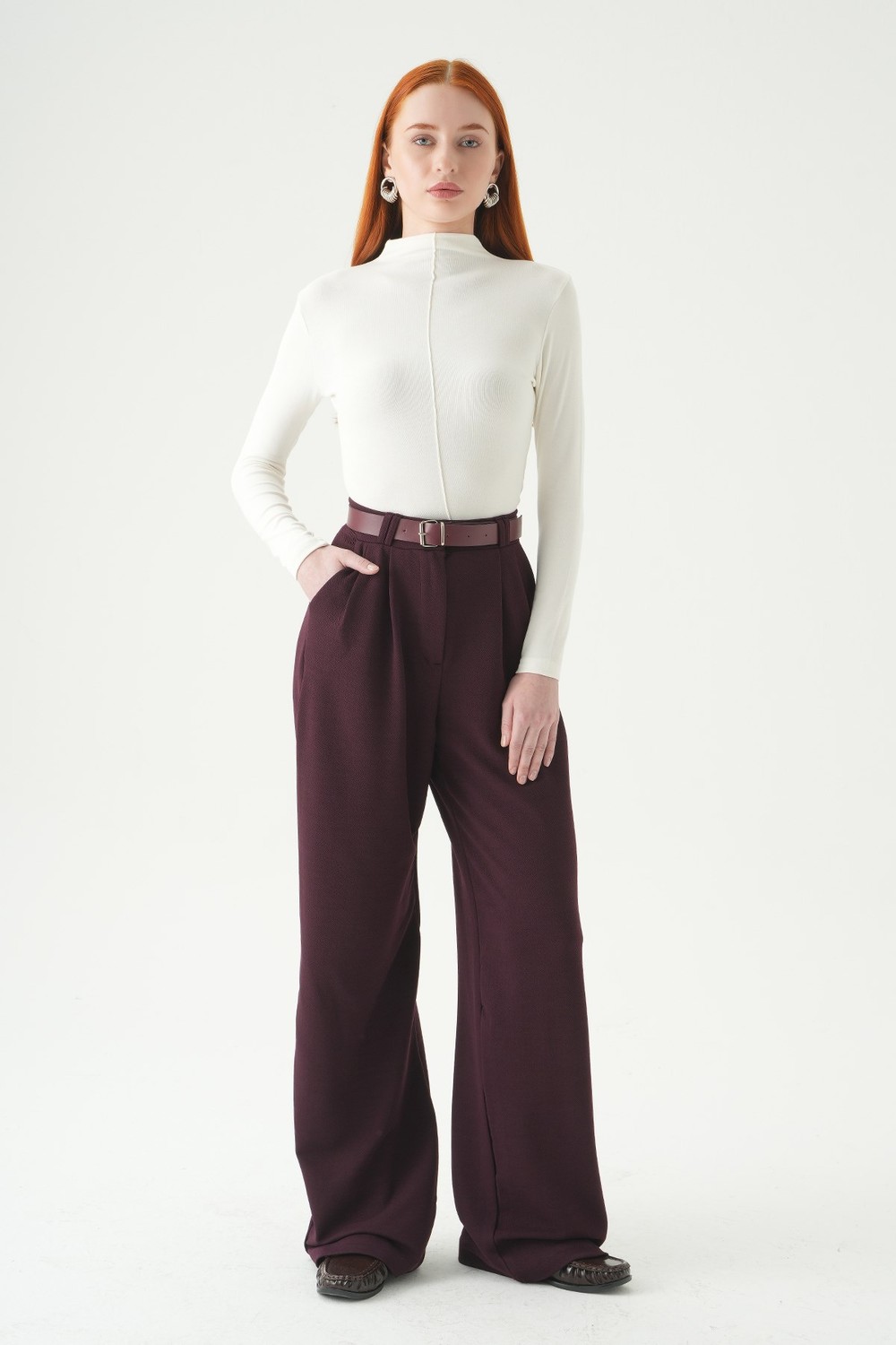 Kadın Pantolon-Çift Pile Detay Kemerli Pantolon 5009 Bordo -rulem