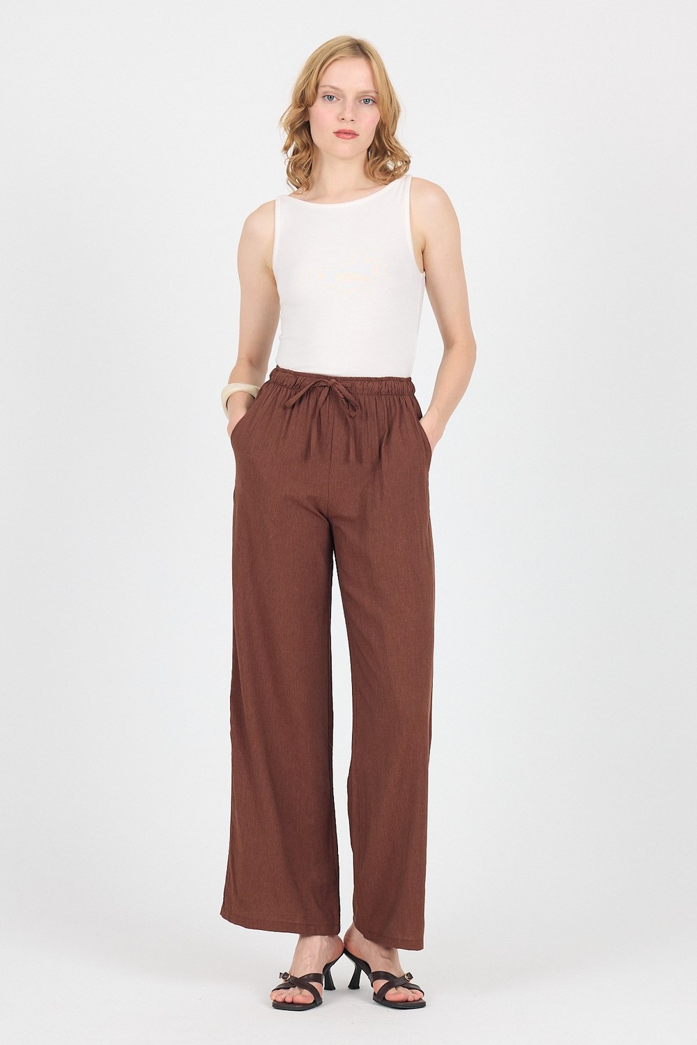 Kadın Pantolon-Kahve Pamuklu Bel Lastikli Wide Leg/Bol Paça Pantolon 4754A-rulem