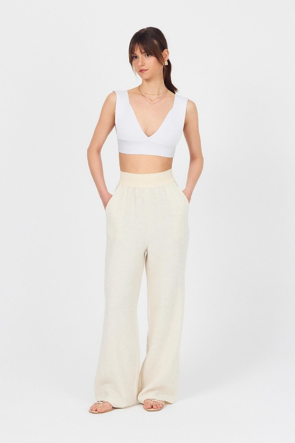 Kadın Pantolon-Natural Bel Lastikli Müslin Keten Bol Paça Pantolon 4719A-rulem