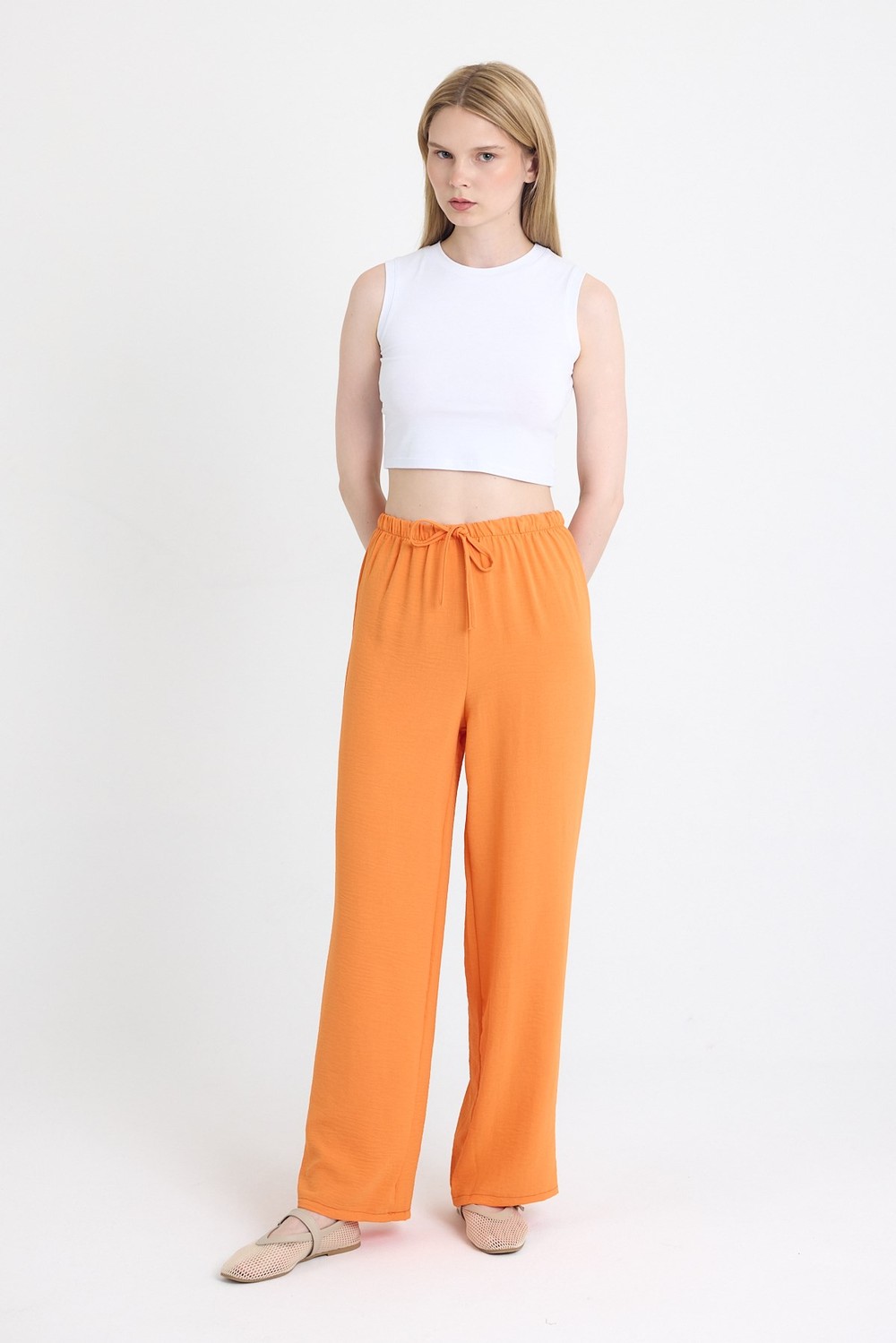 Kadın Pantolon-Orange Beli Lastikli Bol Paça Dokuma Pantolon 4284-1-rulem
