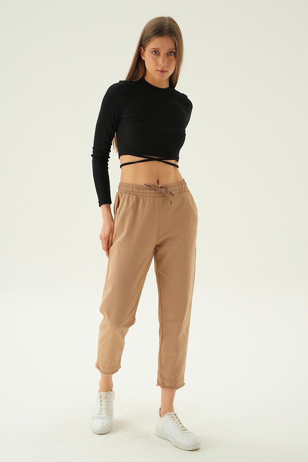 Kadın Pantolon-Paça Püskül Pantolon 4228 Camel -rulem