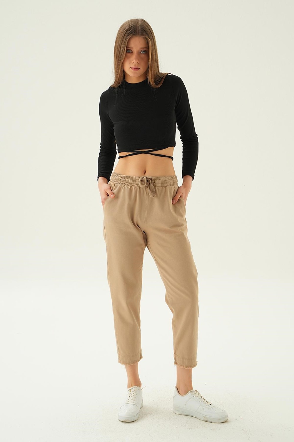 Kadın Pantolon-Paça Püskül Pantolon 4228 Koyu Taş -rulem