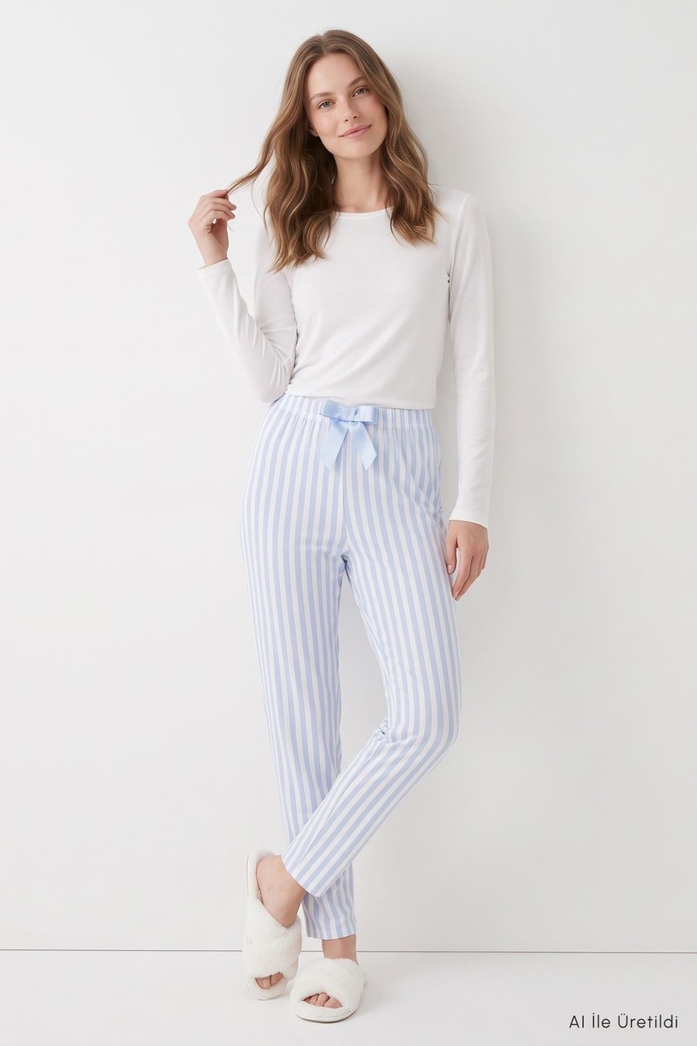 Kadın Pijama Alt-Çizgili Pijama 4523 Mavi -rulem