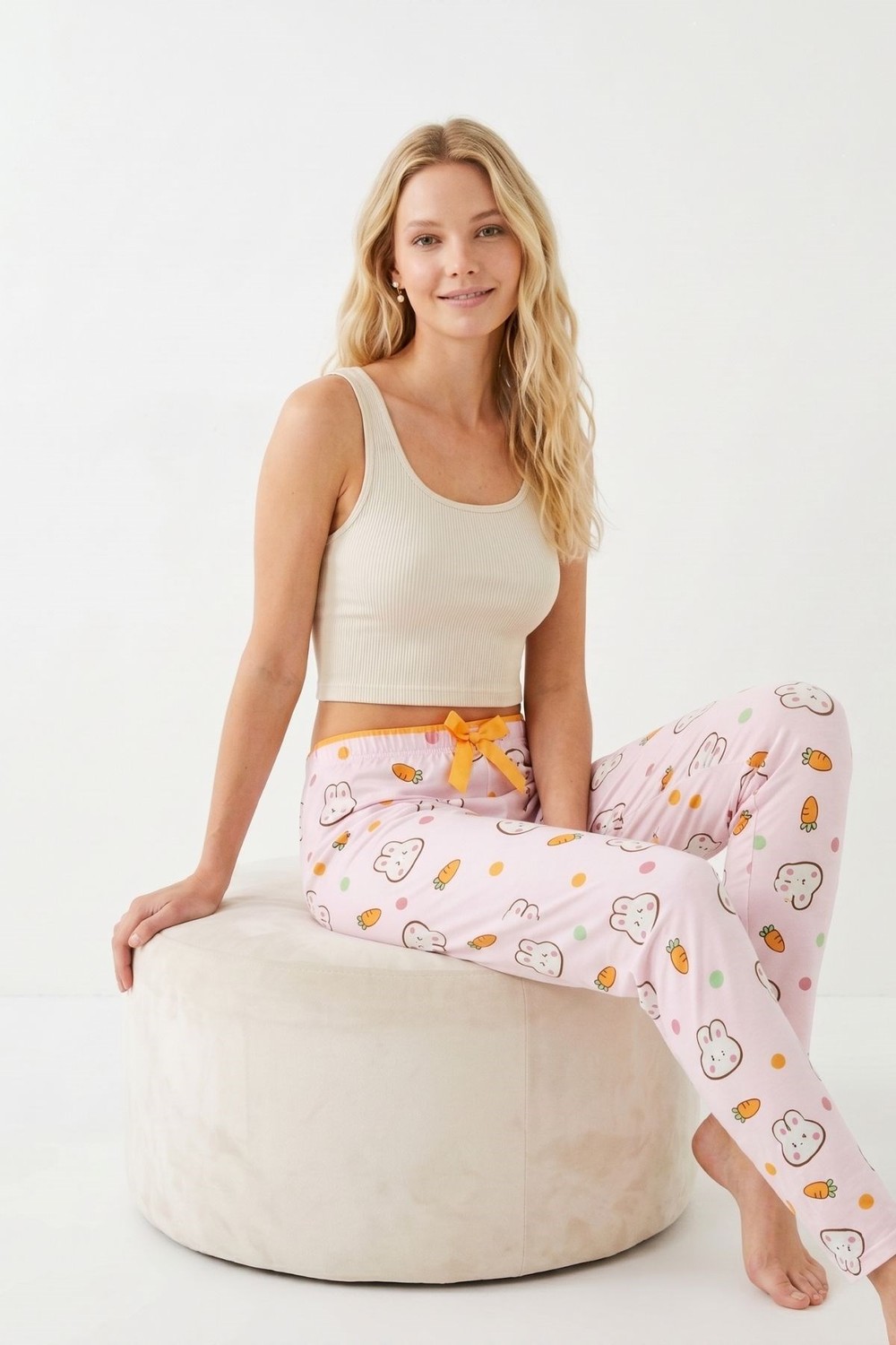 Kadın Pijama Alt-Tavşan ve Havuç Desen Pijama 4551 Pembe -rulem