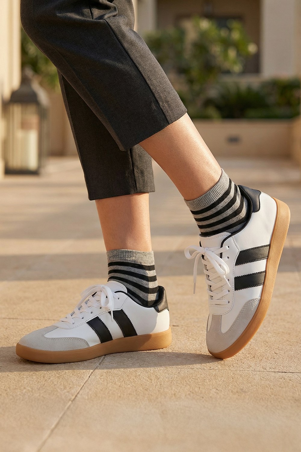 Kadın Spor Ayakkabı-Sneaker-Çizgili Günlük Ayakkabı 958 Beyaz-Siyah -rulem