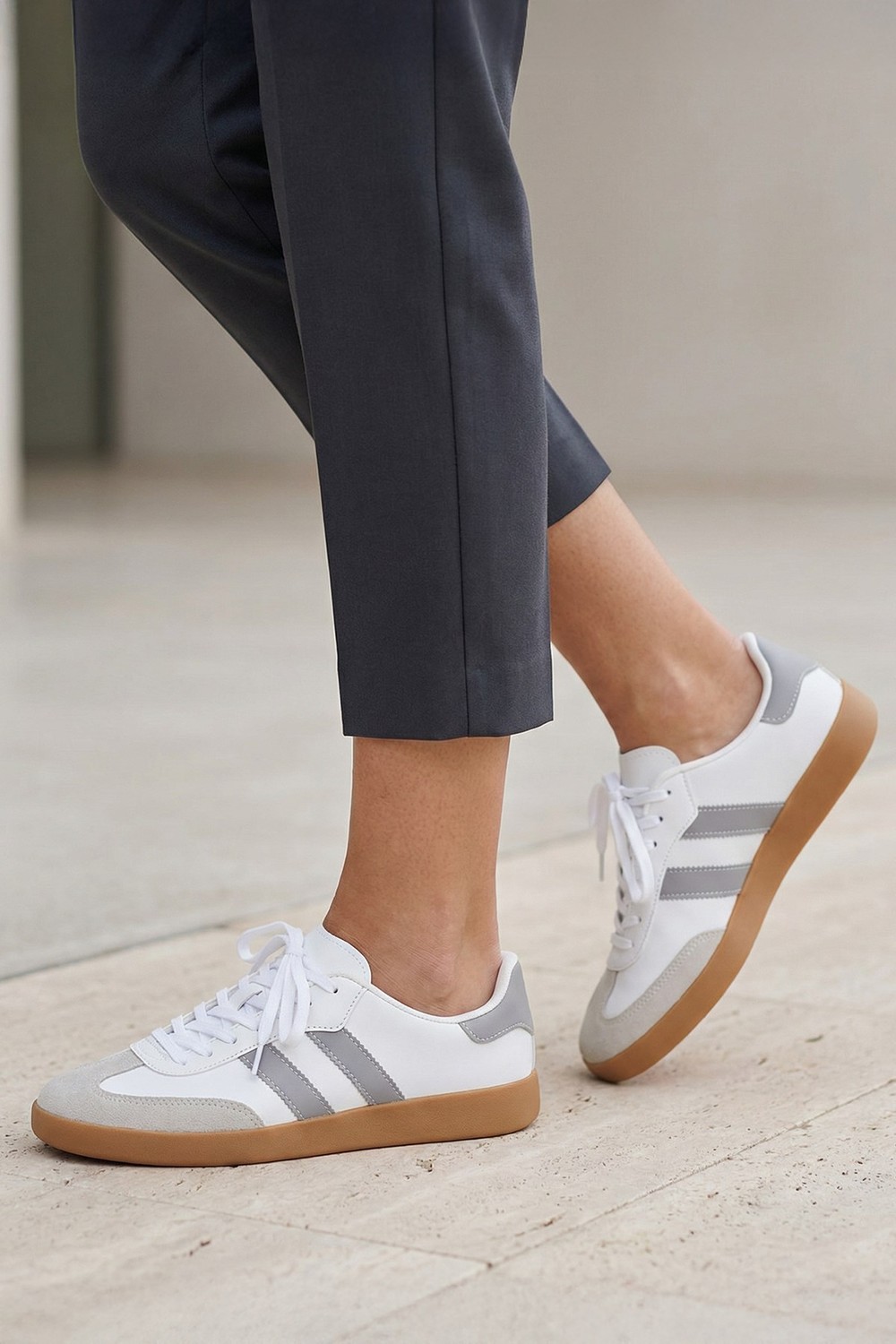 Kadın Spor Ayakkabı-Sneaker-Çizgili Günlük Ayakkabı 958 Gri -rulem