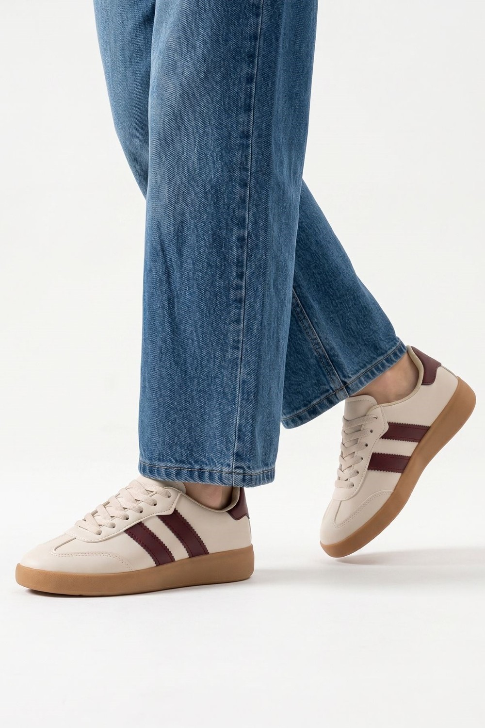 Kadın Spor Ayakkabı-Sneaker-Çizgili Günlük Ayakkabı 958 Krem-Bordo -rulem