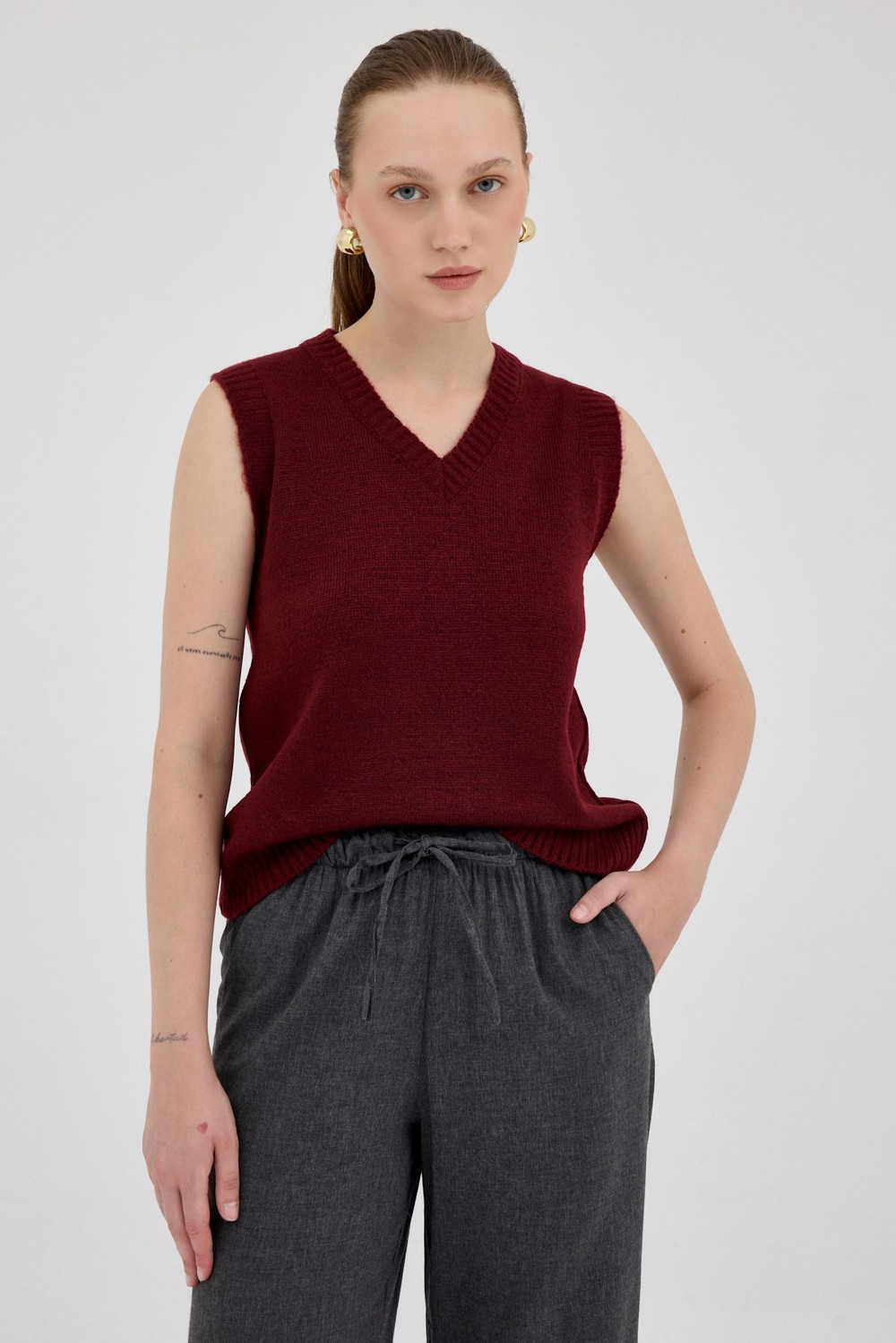 Kadın Süveter-Bordo Oversize V Yaka Kadın Süveter 2292-rulem