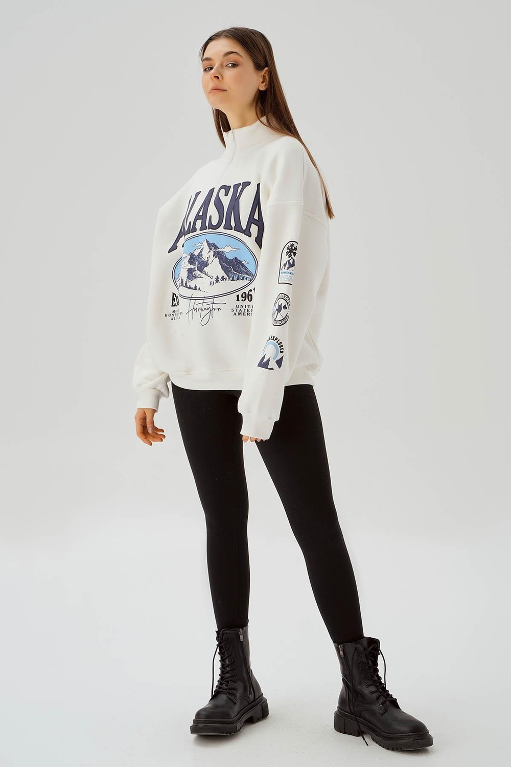 Kadın Sweatshirt-Alaska Baskı Sweat 3610 Ekru -rulem