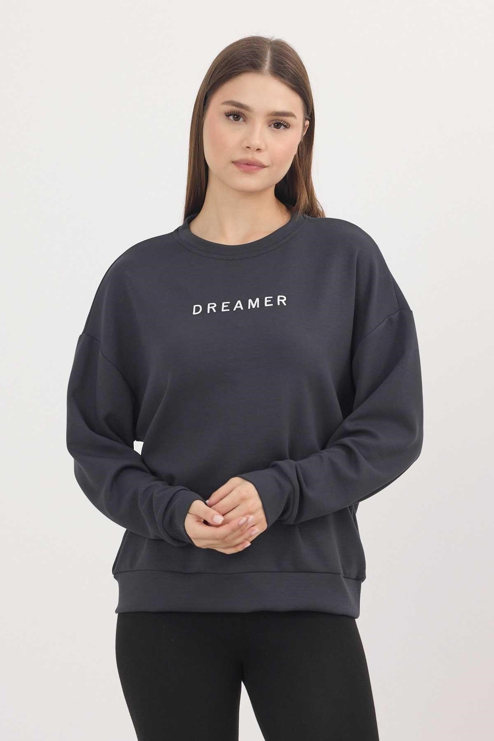 Kadın Sweatshirt-Antrasit Dreamer Nakış Detay Oysho Sweat 4004-rulem