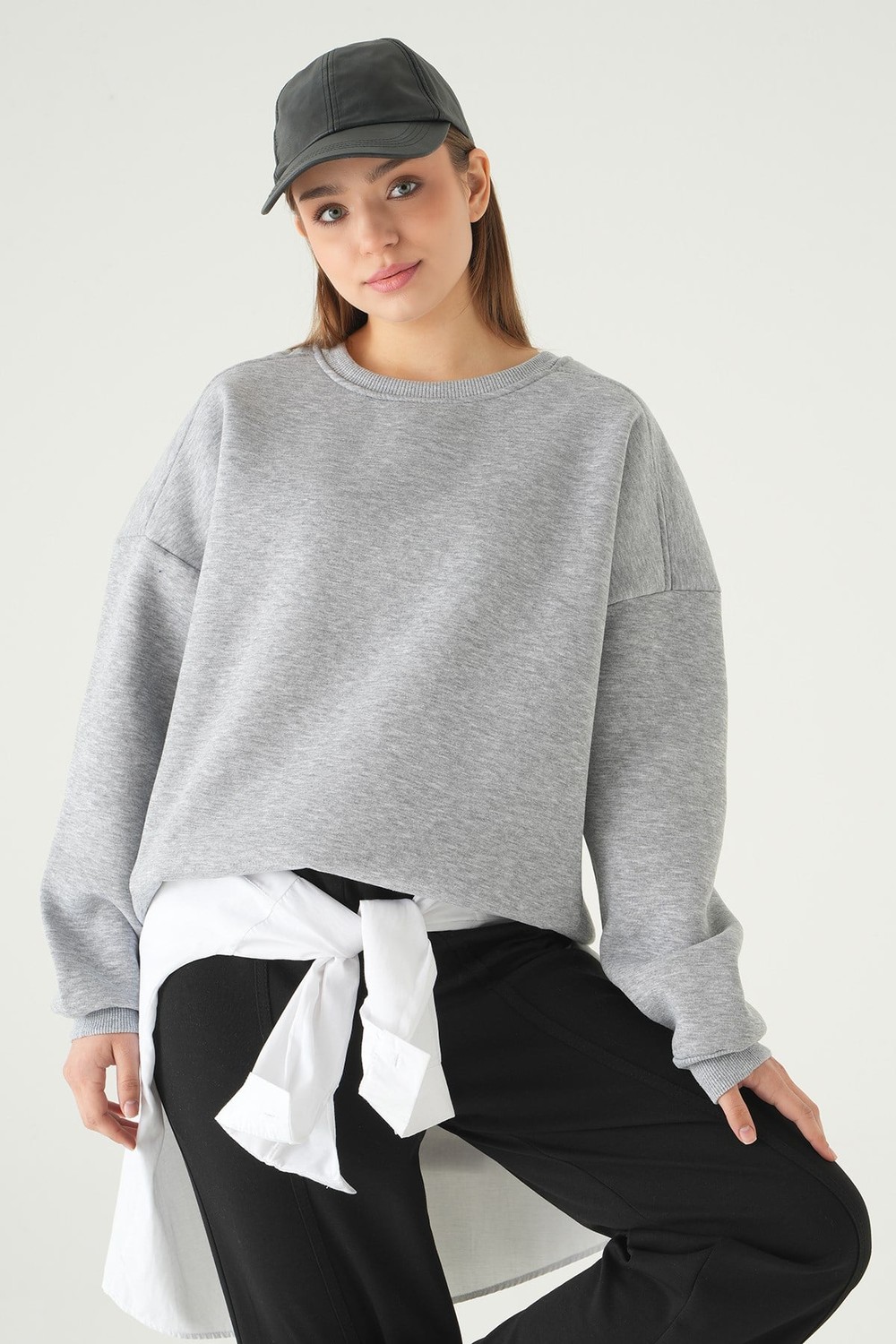 Kadın Sweatshirt-Bisiklet Yaka Sweat 1029 Gri -rulem