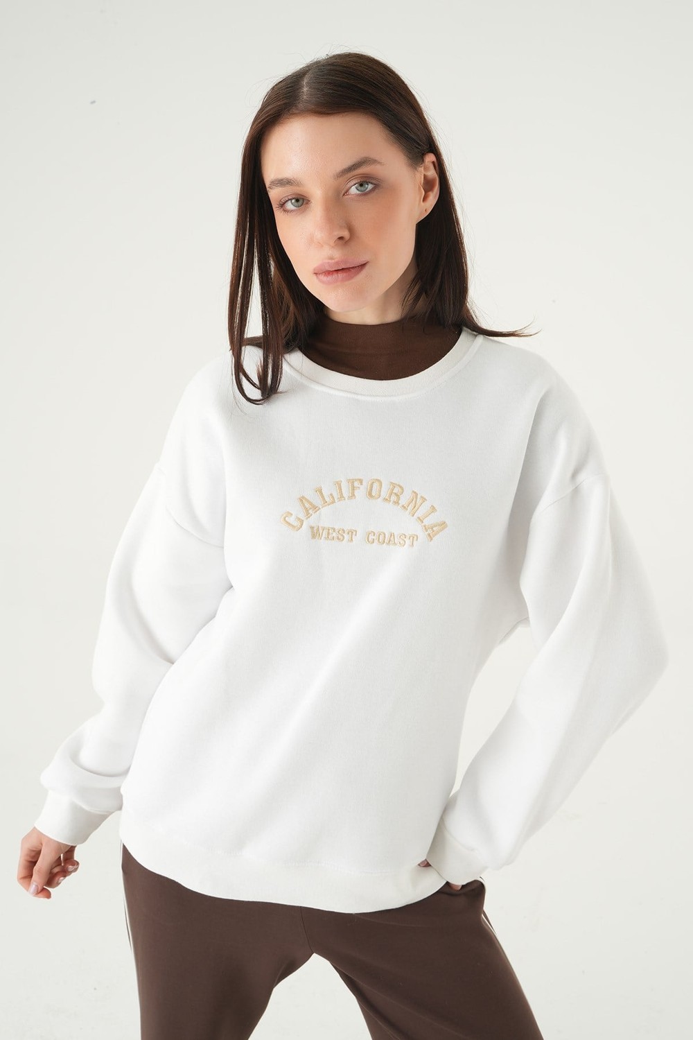Kadın Sweatshirt-California Baskılı Sweat 1403 Ekru -rulem