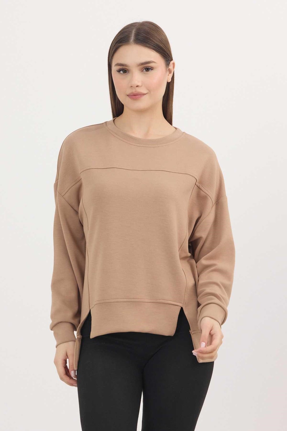 Kadın Sweatshirt-Camel Bisiklet Yaka Parçalı Oysho Sweat 3000-rulem