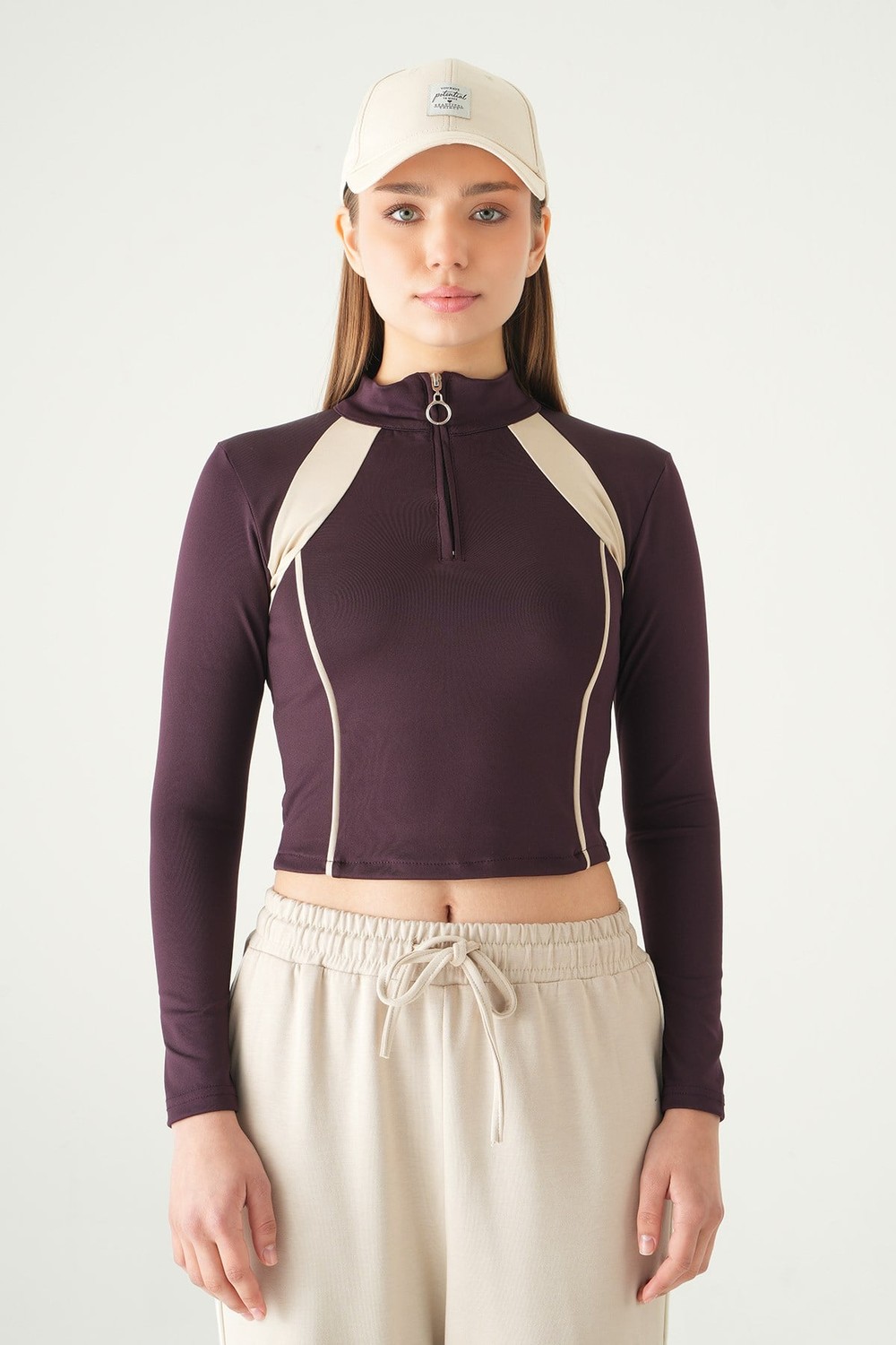 Kadın Sweatshirt-Şeritli Fermuarlı Sweat 8326A Mürdüm -rulem
