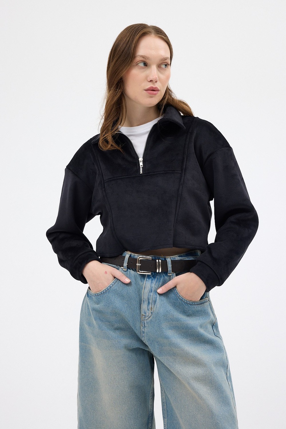Kadın Sweatshirt-Siyah Kadın Peluş Yarım Fermuarlı Crop Sweatshirt 3056A-rulem