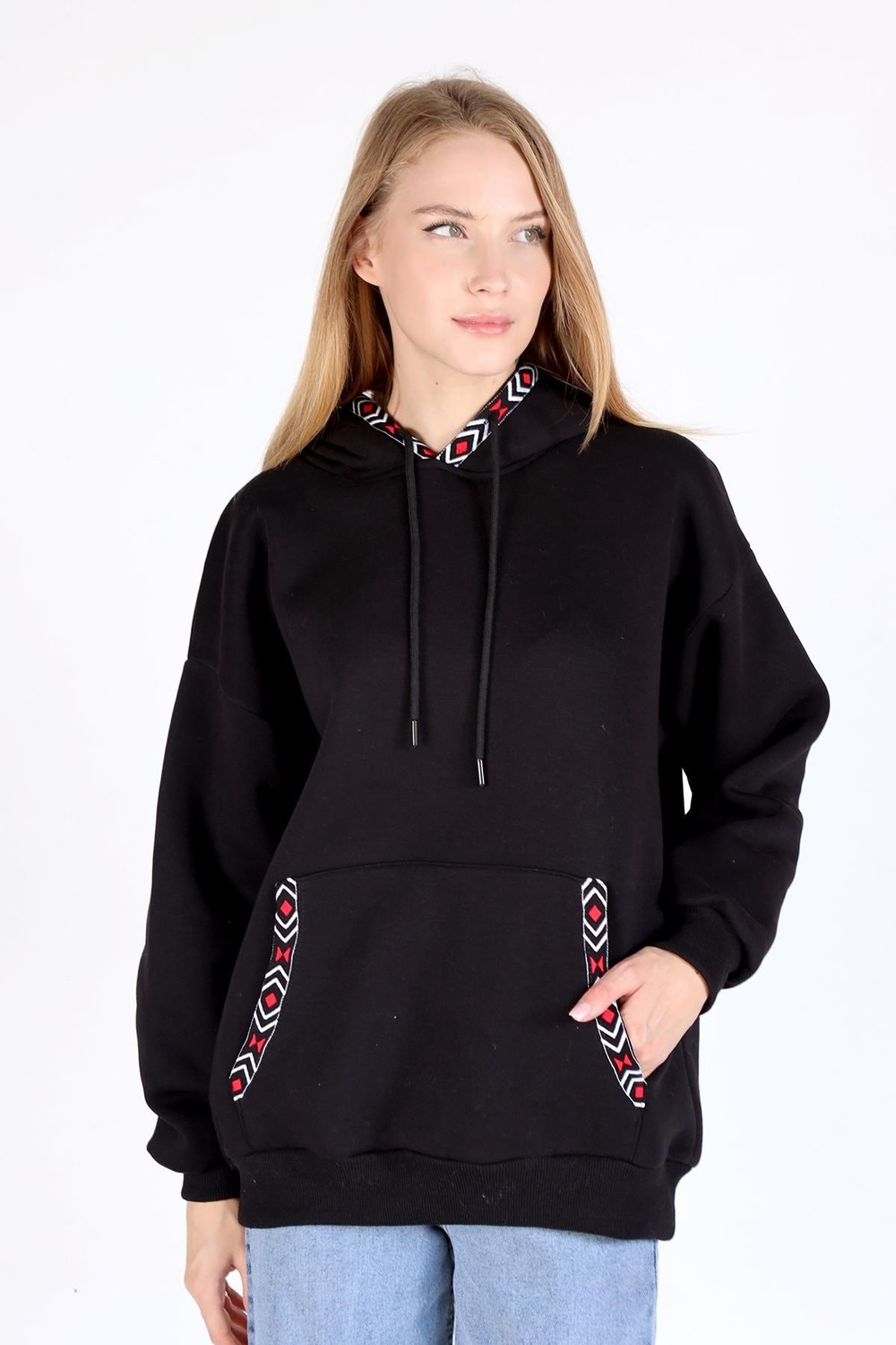Kadın Sweatshirt-Yaka Cep Nakışlı Kapüşonlu Sweat 9141M Siyah -rulem