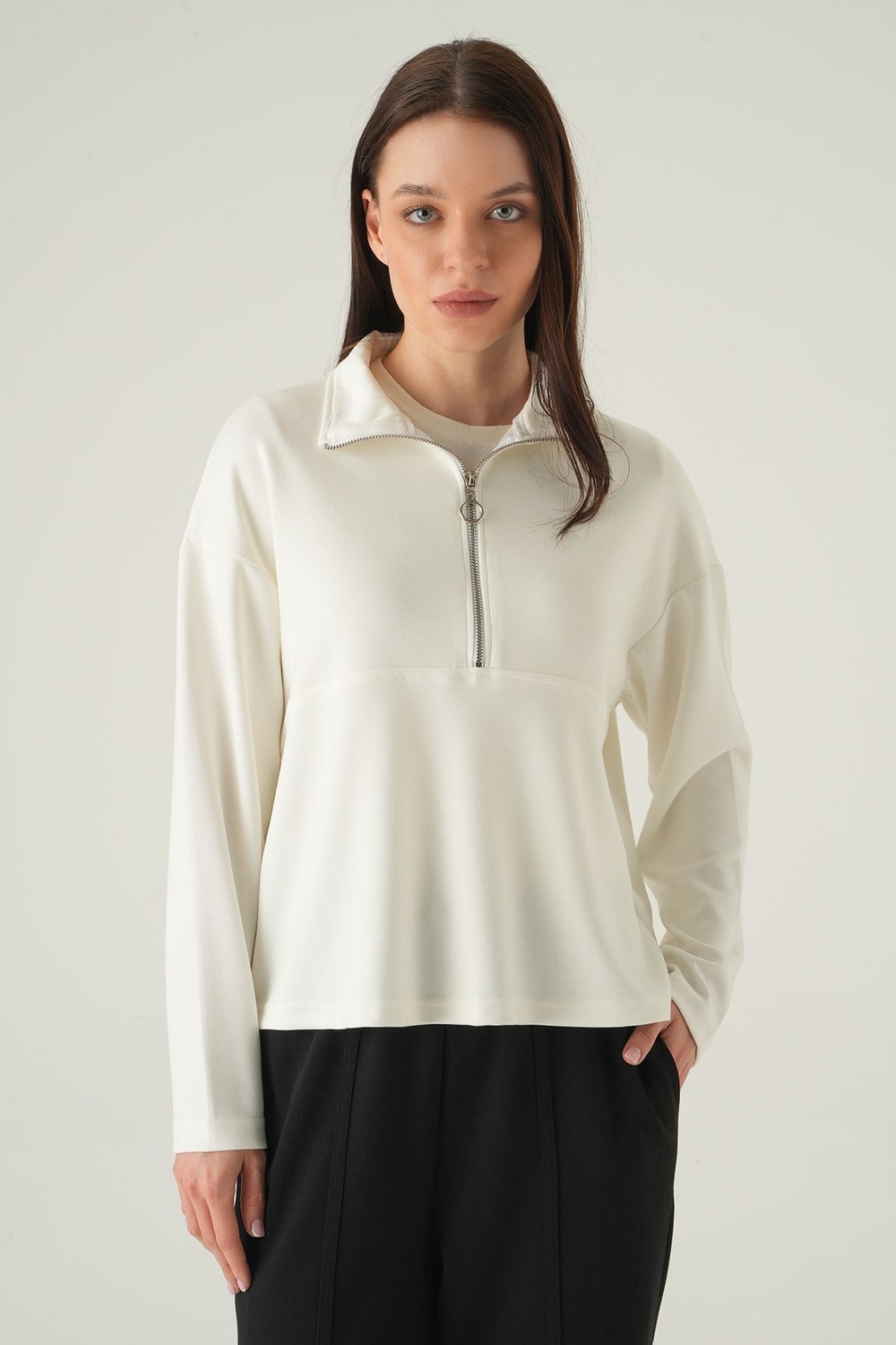 Kadın Sweatshirt-Yarım Fermuarlı Sweat 8249A Ekru -rulem