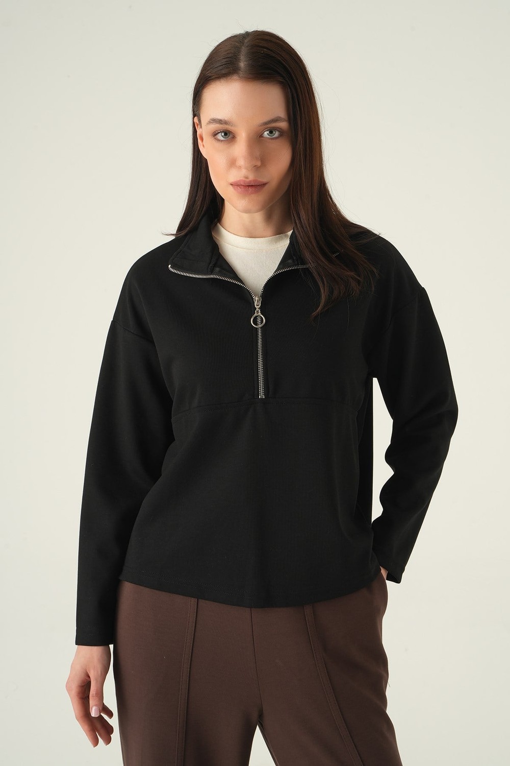 Kadın Sweatshirt-Yarım Fermuarlı Sweat 8249A Siyah -rulem