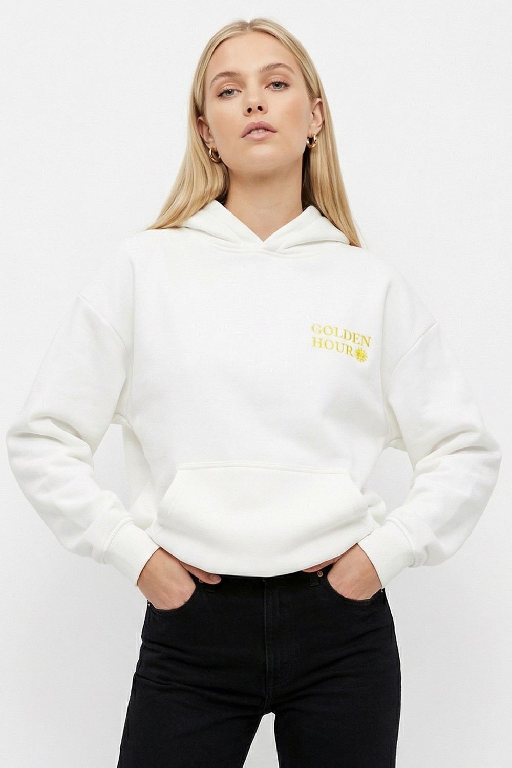 Kadın Sweatshirt-Yazı Nakışlı Kapüşonlu Sweat Ekru 0308 -rulem