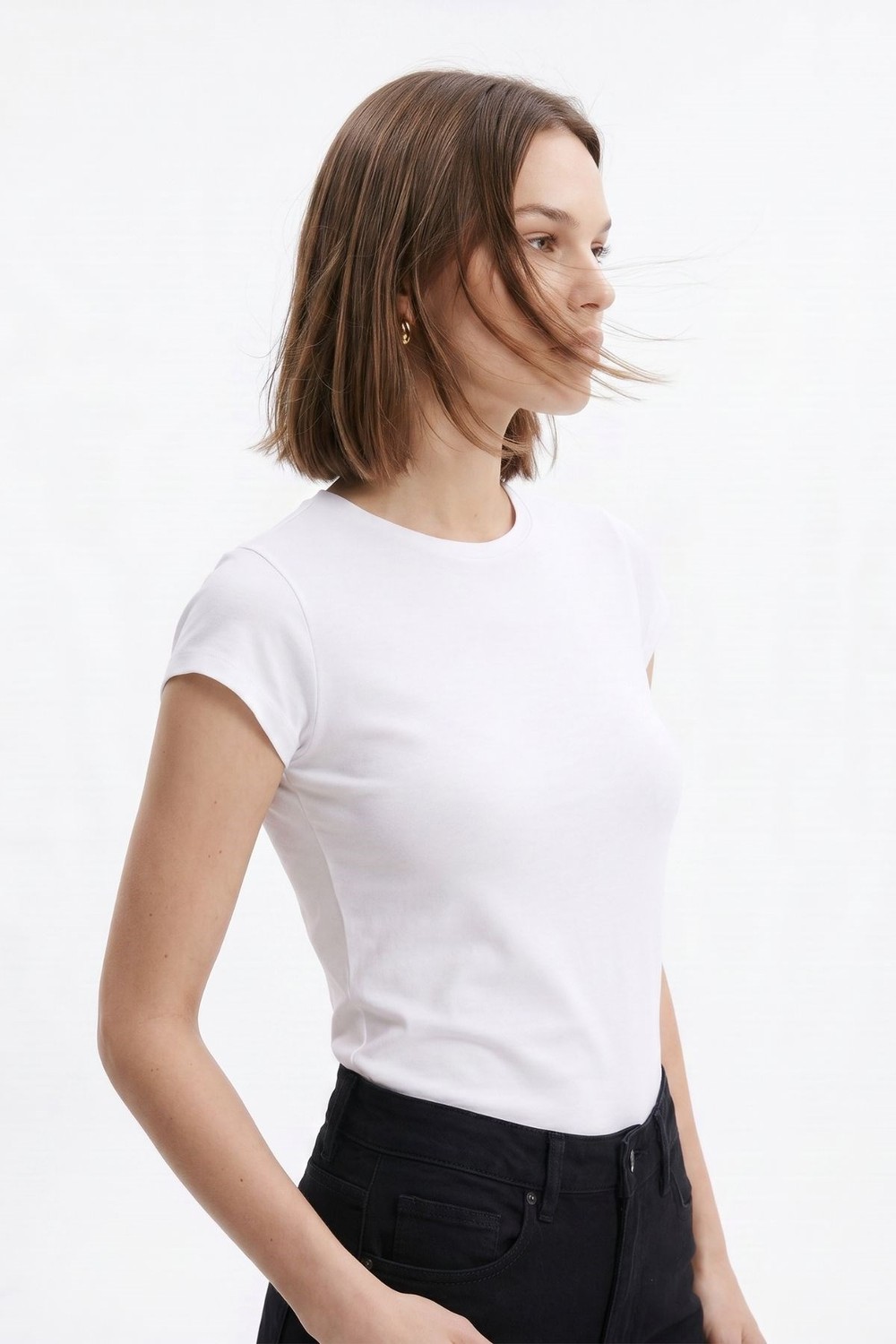 Kadın Tişört-511 Bisiklet Yaka Slim Fit Tişört Beyaz -rulem