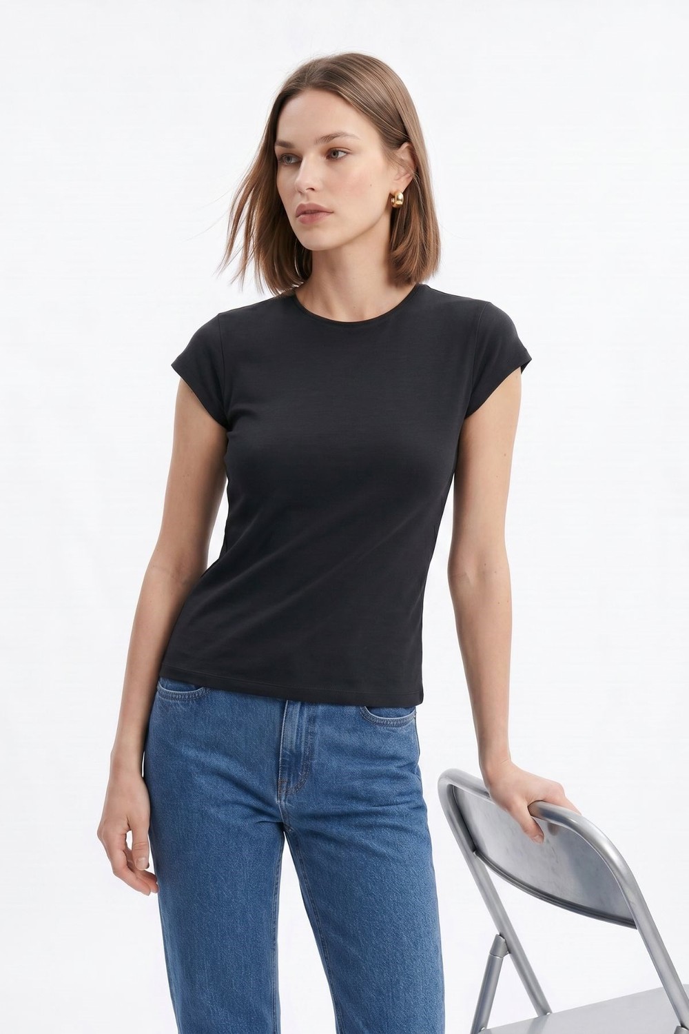 Kadın Tişört-511 Bisiklet Yaka Slim Fit Tişört Siyah -rulem