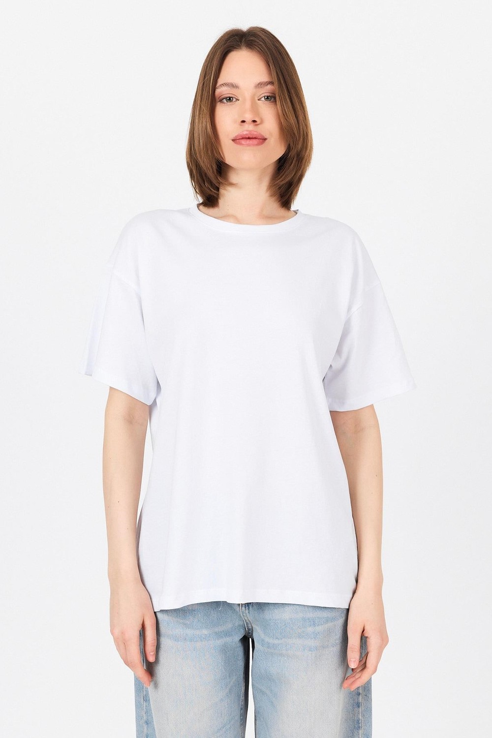Kadın Tişört-Beyaz Arka Yazı Baskılı Kalpli %100 Pamuk Oversize Tişört 2150-33M-rulem
