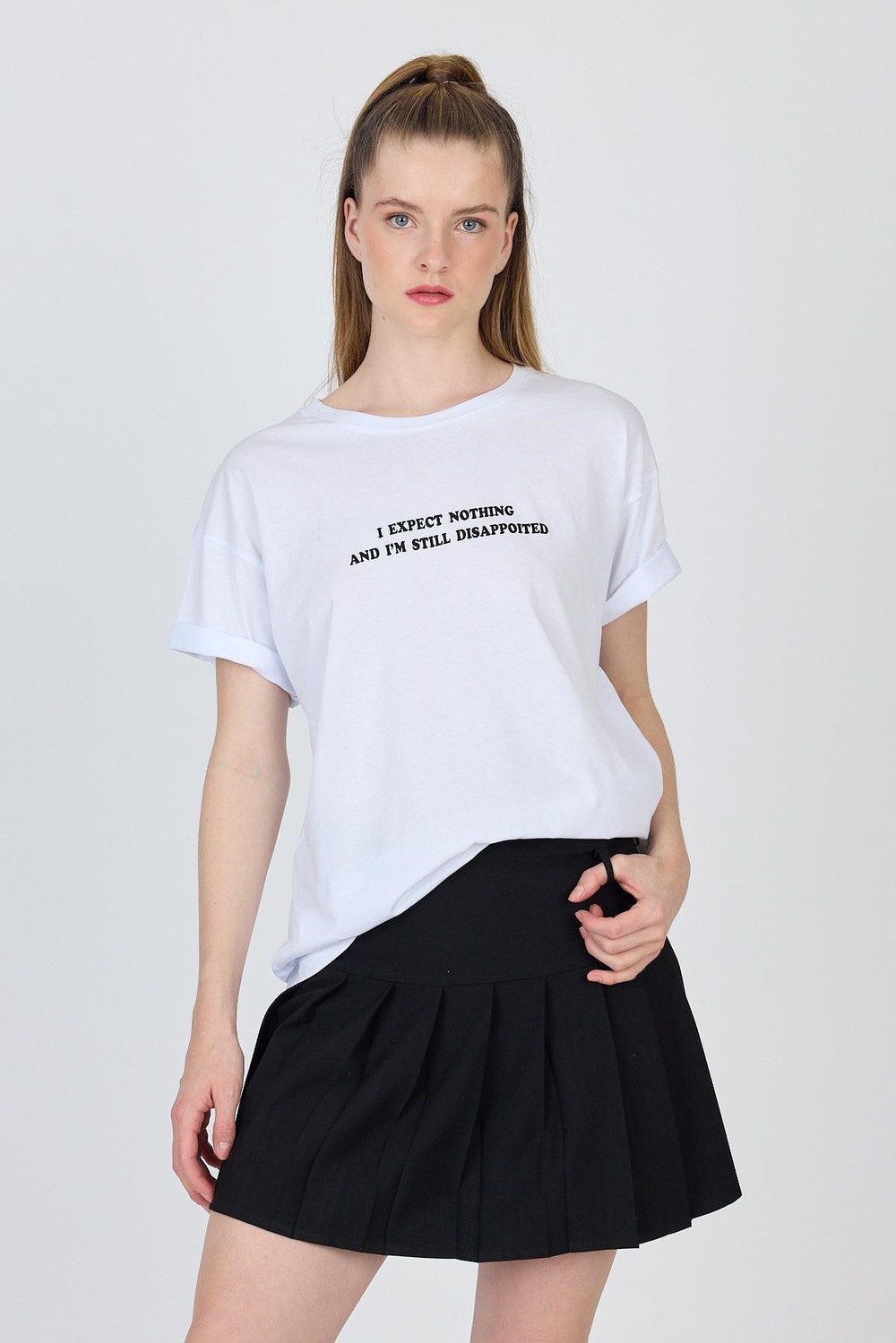 Kadın Tişört-Beyaz Yazı Baskılı %100 Pamuk Oversize Tişört 2150-8M-rulem