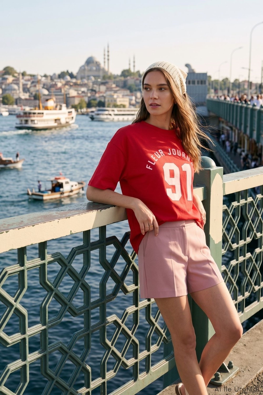 Kadın Tişört-Bisiklet Yaka Kısa Kol Baskılı Oversize Tişört 8458 Kırmızı -rulem