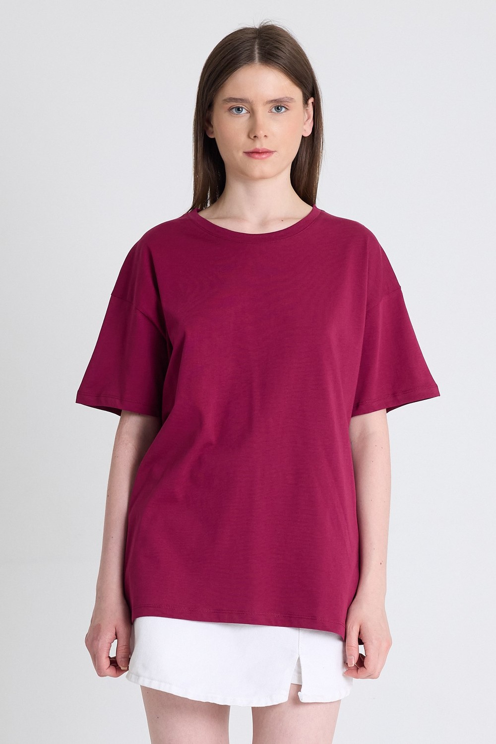 Kadın Tişört-Bordo Arka Yazı Baskılı Kalpli %100 Pamuk Oversize Tişört 2150-33M-rulem