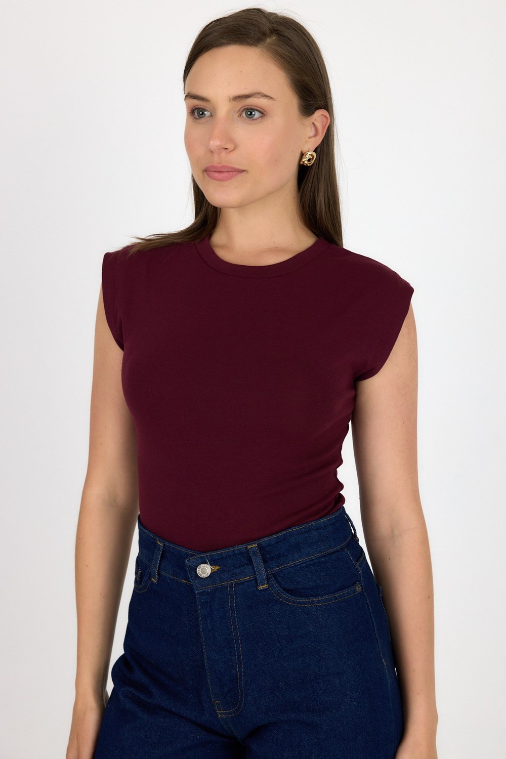 Kadın Tişört-Bordo Bisiklet Yaka Pamuklu Slim Fit Tişört 3050-rulem