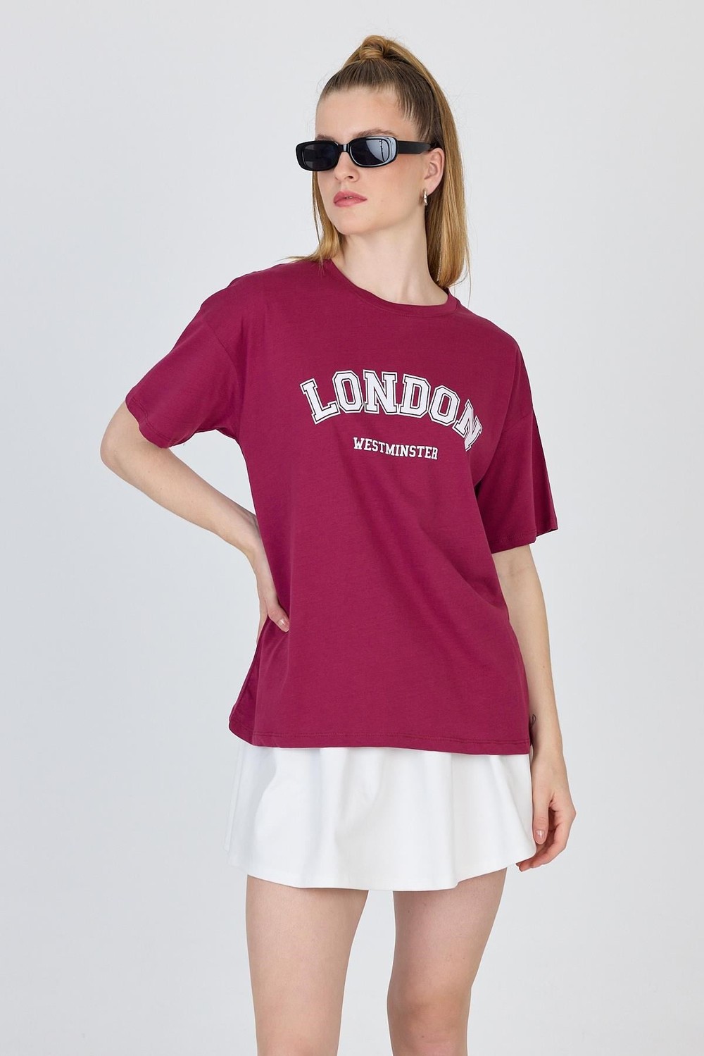 Kadın Tişört-Bordo Yazı Baskılı %100 Pamuk Oversize Tişört 2150-9M-rulem