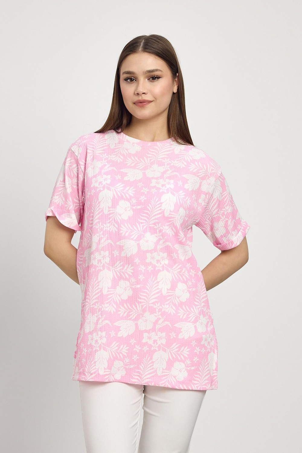 Kadın Tişört-Çiçek Desen Tişört 4357A Şeker Pembe -rulem