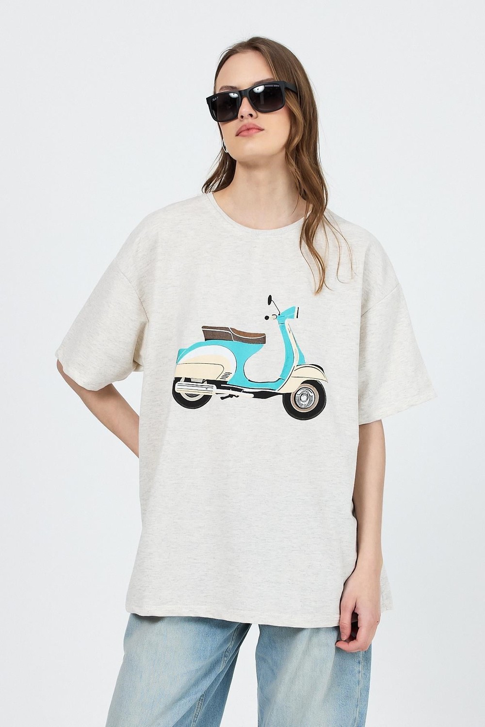 Kadın Tişört-Karmelanj Bisiklet Yaka Motosiklet Baskı Detaylı Oversize Tişört 3098-rulem