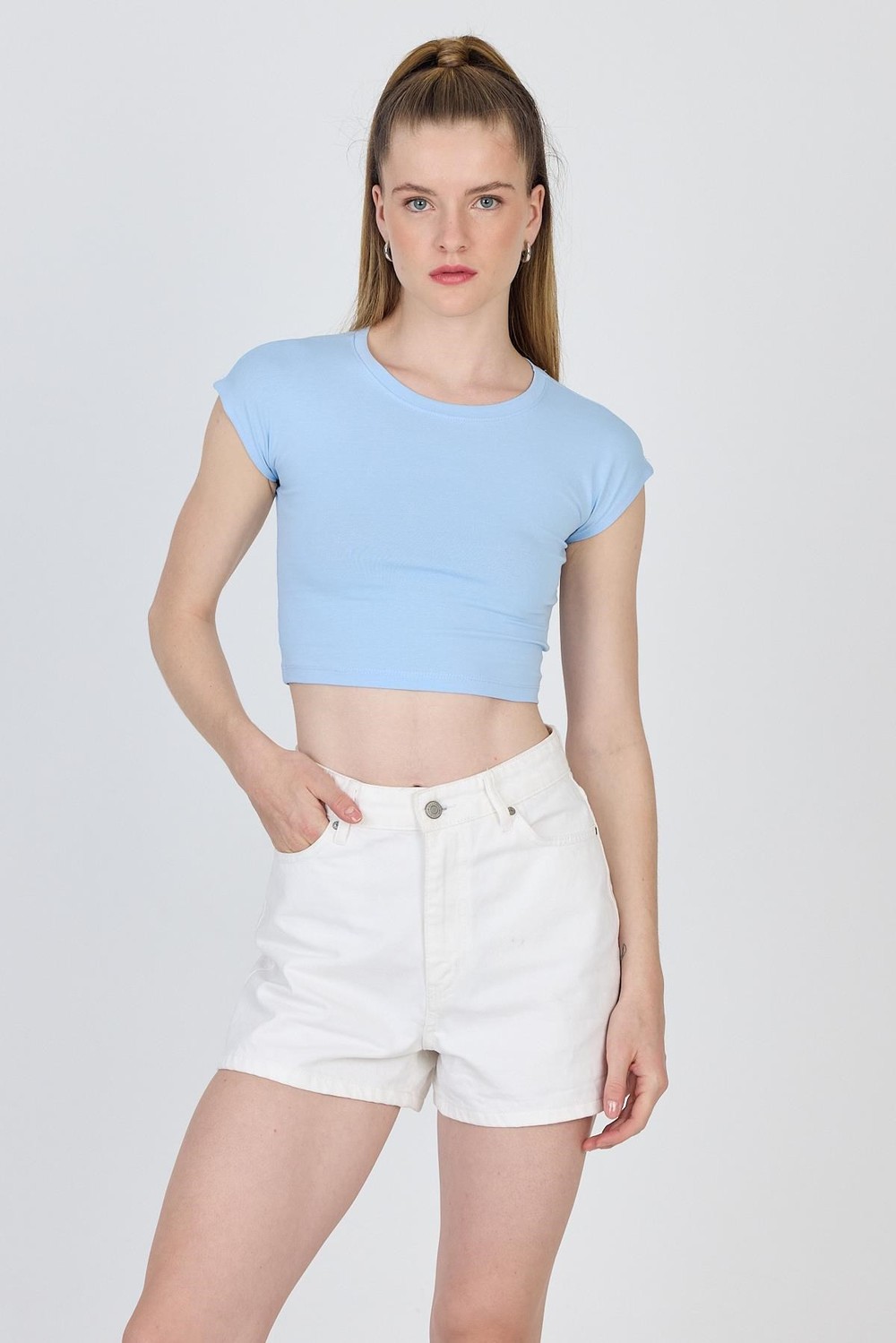 Kadın Tişört-Mavi Bisiklet Yaka Pamuklu Slim Fit Crop Tişört 9199M-rulem