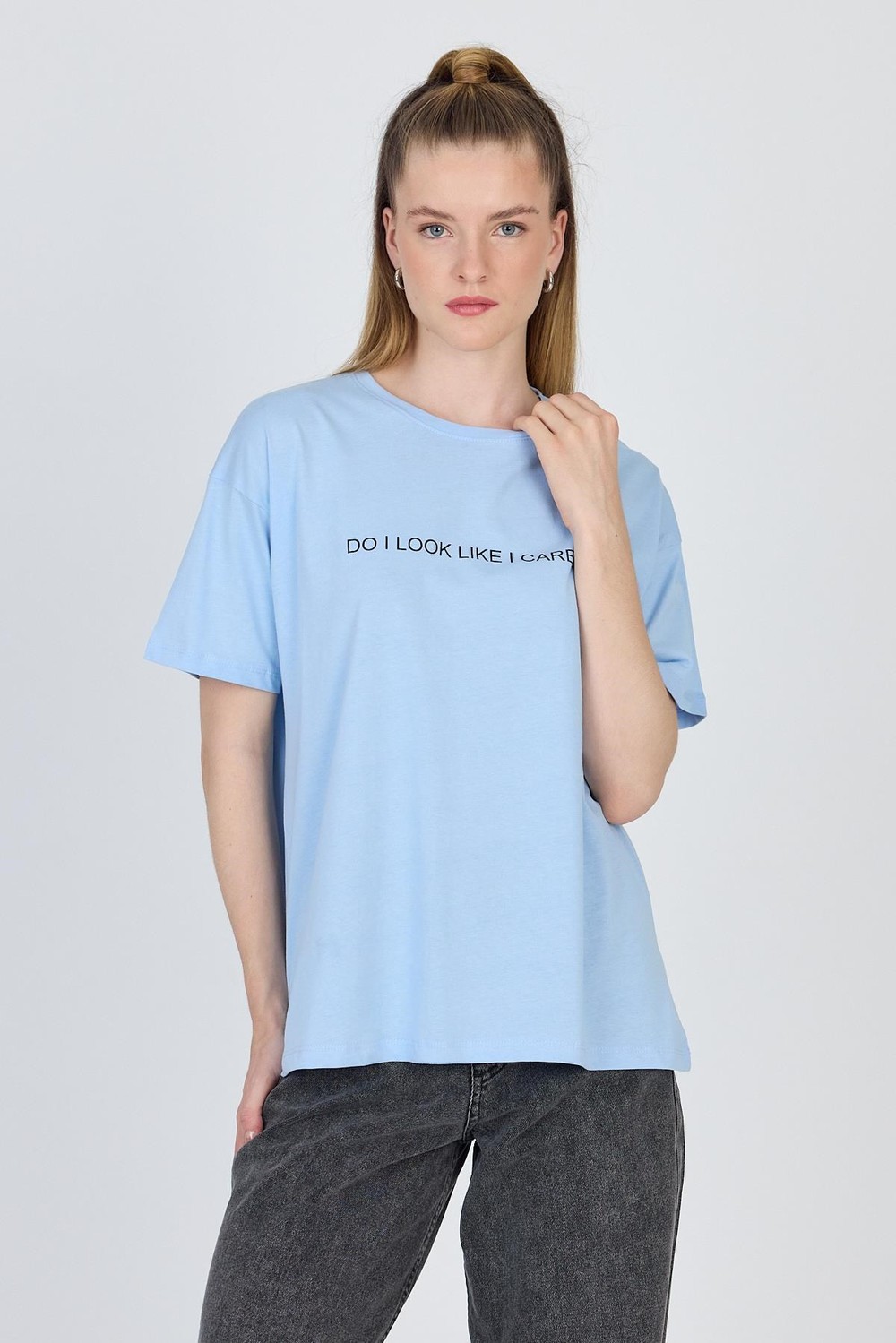 Kadın Tişört-Mavi Yazı Baskılı %100 Pamuk Oversize Tişört 2150-5M-rulem