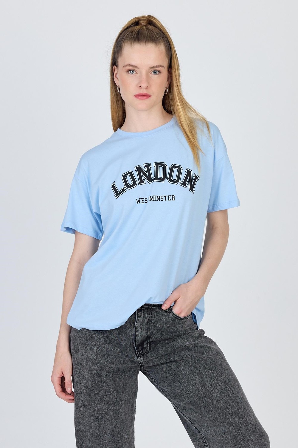 Kadın Tişört-Mavi Yazı Baskılı %100 Pamuk Oversize Tişört 2150-9M-rulem