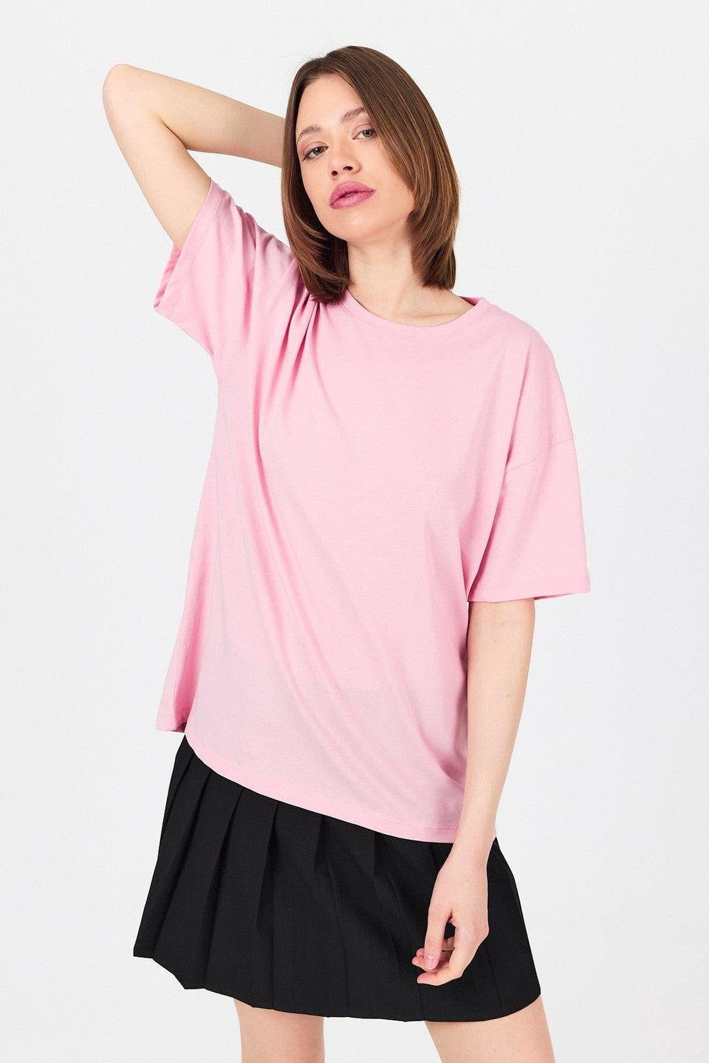 Kadın Tişört-Pembe Arka Yazı Baskılı Kalpli %100 Pamuk Oversize Tişört 2150-33M-rulem