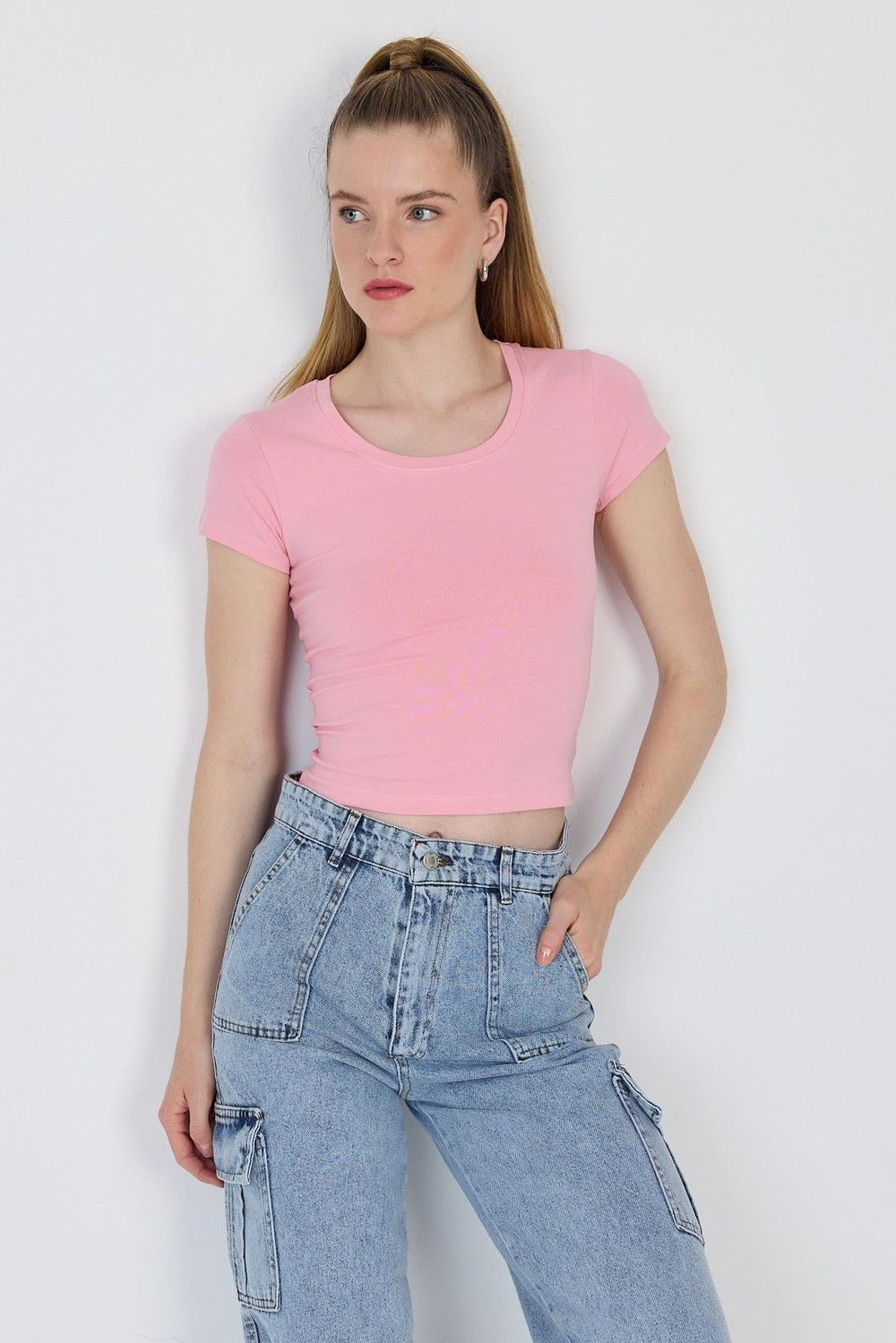 Kadın Tişört-Pembe Bisiklet Yaka Basic Crop Tişört 9200M-rulem