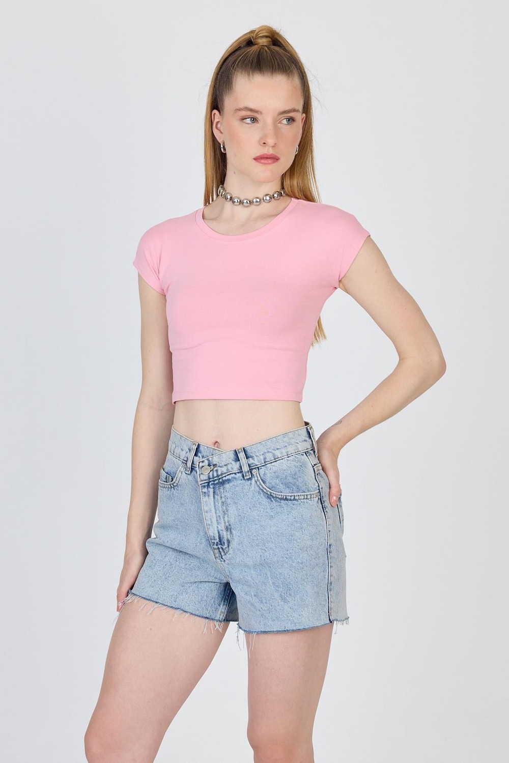 Kadın Tişört-Pembe Bisiklet Yaka Pamuklu Slim Fit Crop Tişört 9199M-rulem