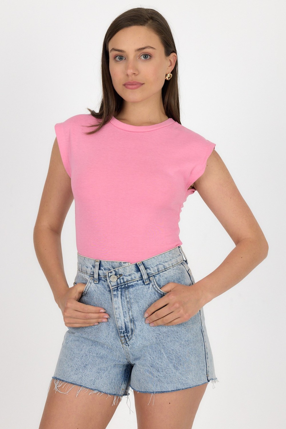 Kadın Tişört-Pembe Bisiklet Yaka Pamuklu Slim Fit Tişört 3050-rulem