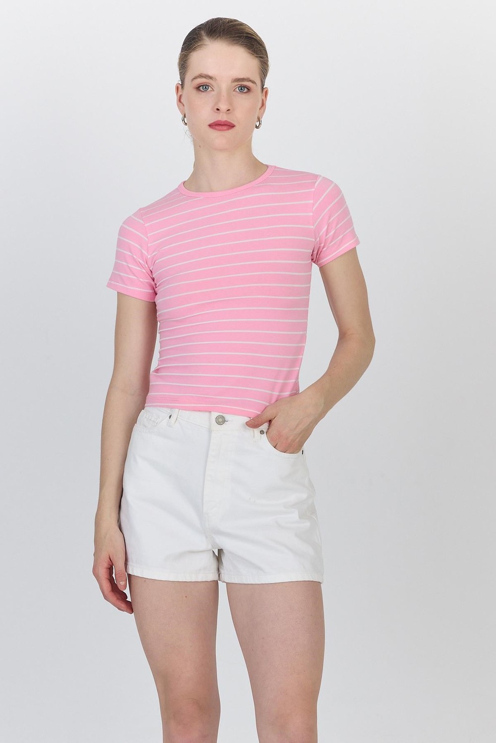 Kadın Tişört-Pembe Çizgili Pamuklu Crop Tişört 4014-rulem