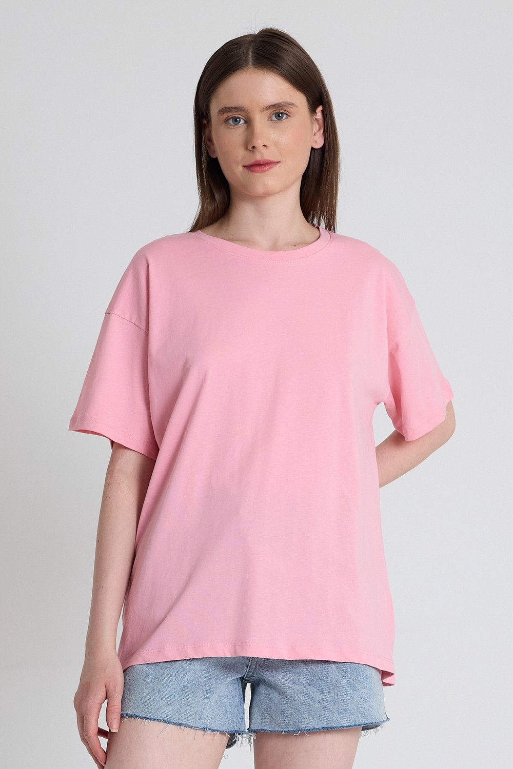 Kadın Tişört-Pembe Omuz Yazı Baskılı %100 Pamuk Oversize Tişört 2150-30M-rulem