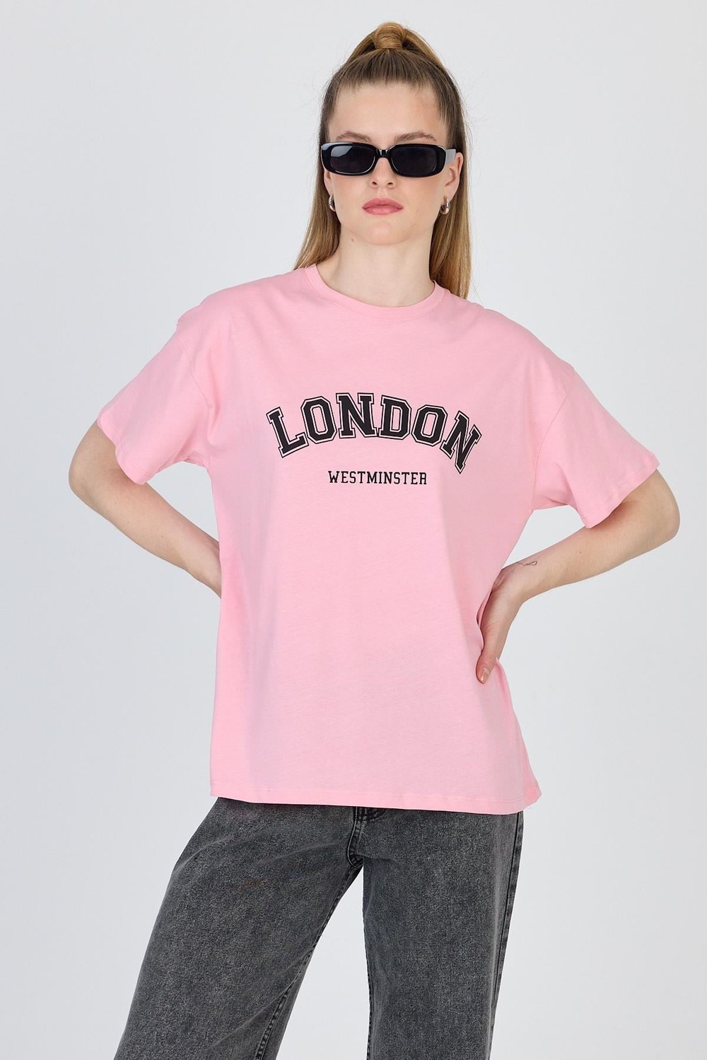 Kadın Tişört-Pembe Yazı Baskılı %100 Pamuk Oversize Tişört 2150-9M-rulem