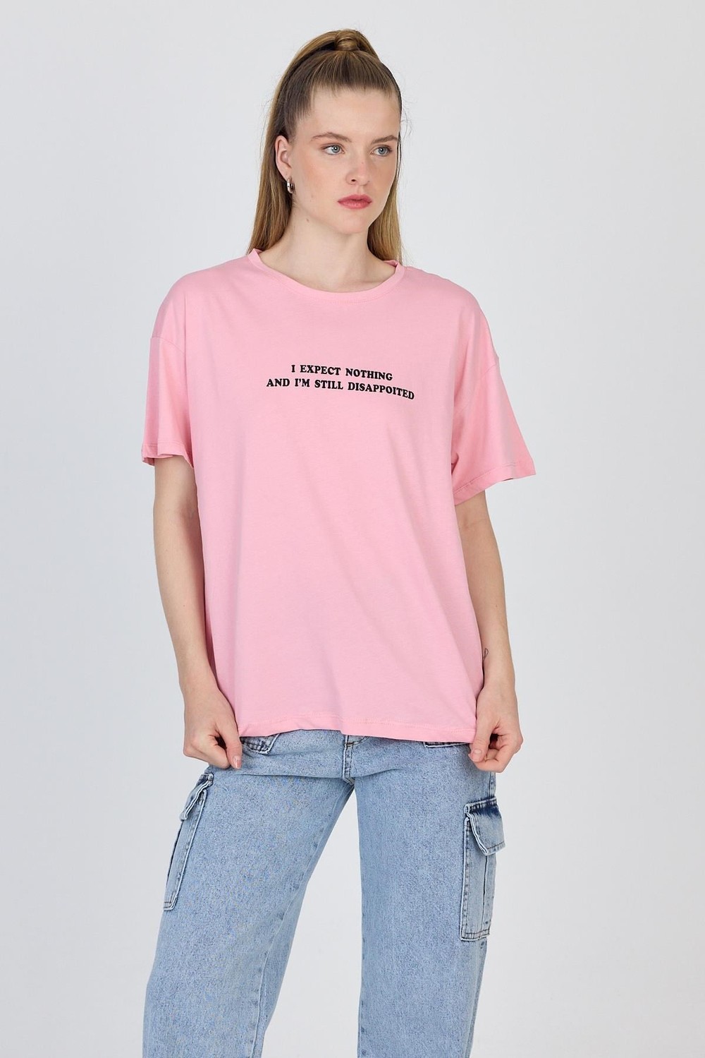 Kadın Tişört-Pembe Yazı Baskılı %100 Pamuk Oversize Tişört 2150-8M-rulem