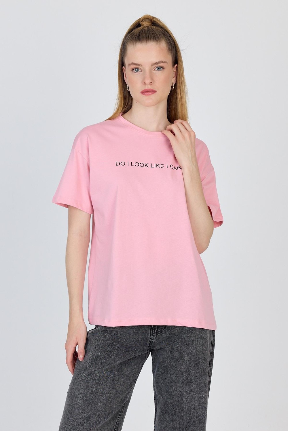 Kadın Tişört-Pembe Yazı Baskılı %100 Pamuk Oversize Tişört 2150-5M-rulem