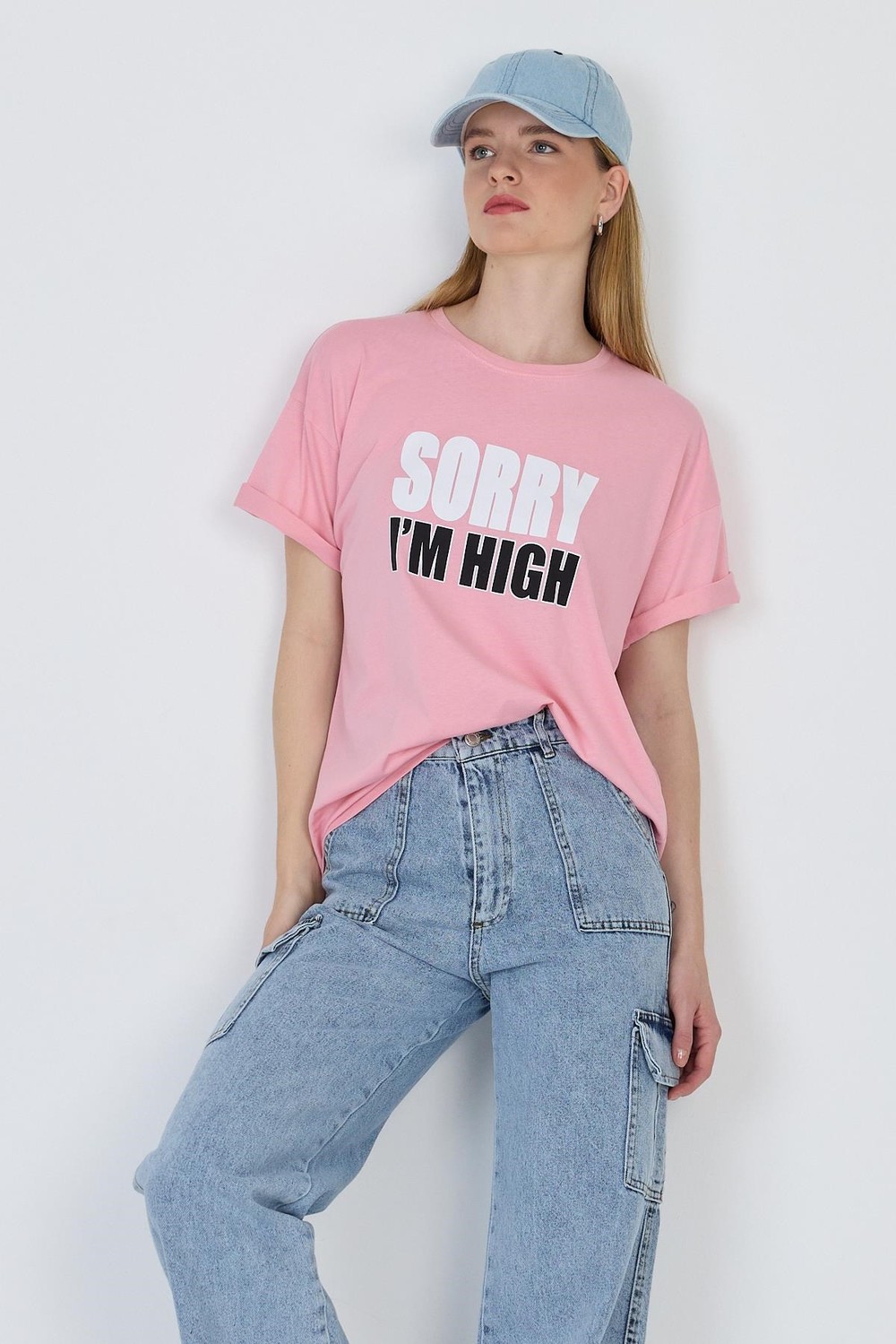 Kadın Tişört-Pembe Yazı Baskılı %100 Pamuk Oversize Tişört 2150-7M-rulem