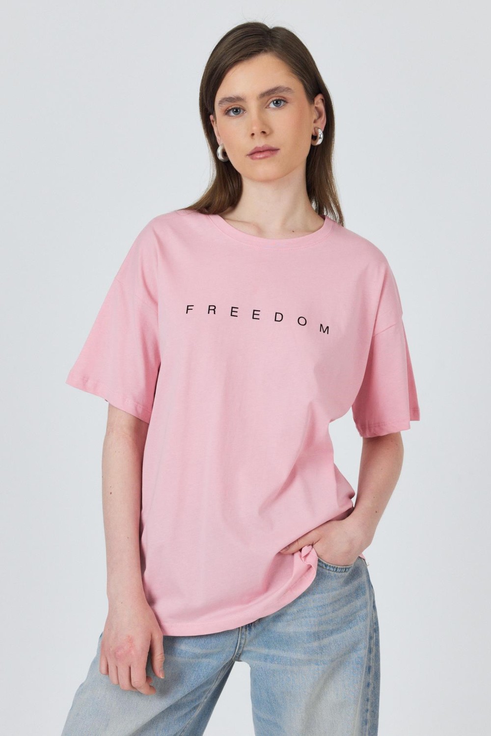Kadın Tişört-Pembe Yazı Baskılı Pamuklu Oversize Tişört 2150-3M-rulem