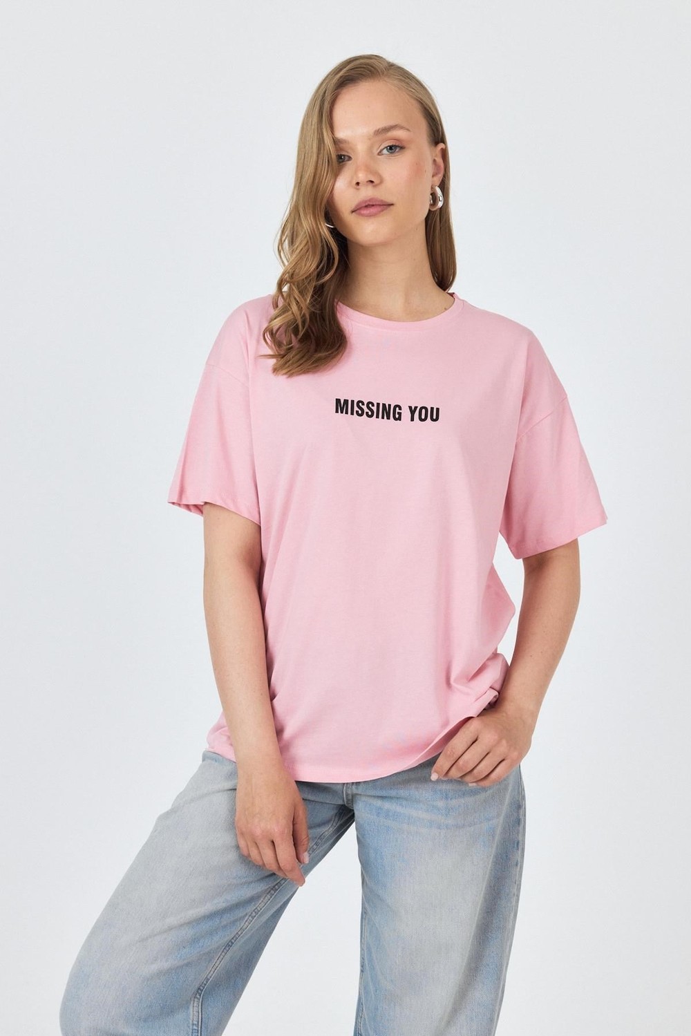 Kadın Tişört-Pembe Yazı Baskılı Pamuklu Oversize Tişört 2150-6M-rulem