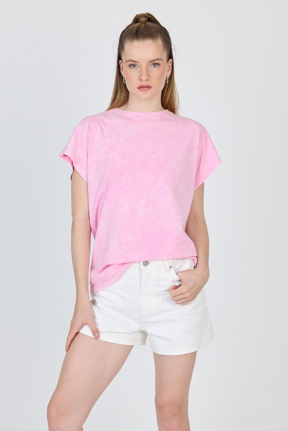 Kadın Tişört-Şeker Pembe Yıkamalı Oversize Basic Tişört 253014-rulem