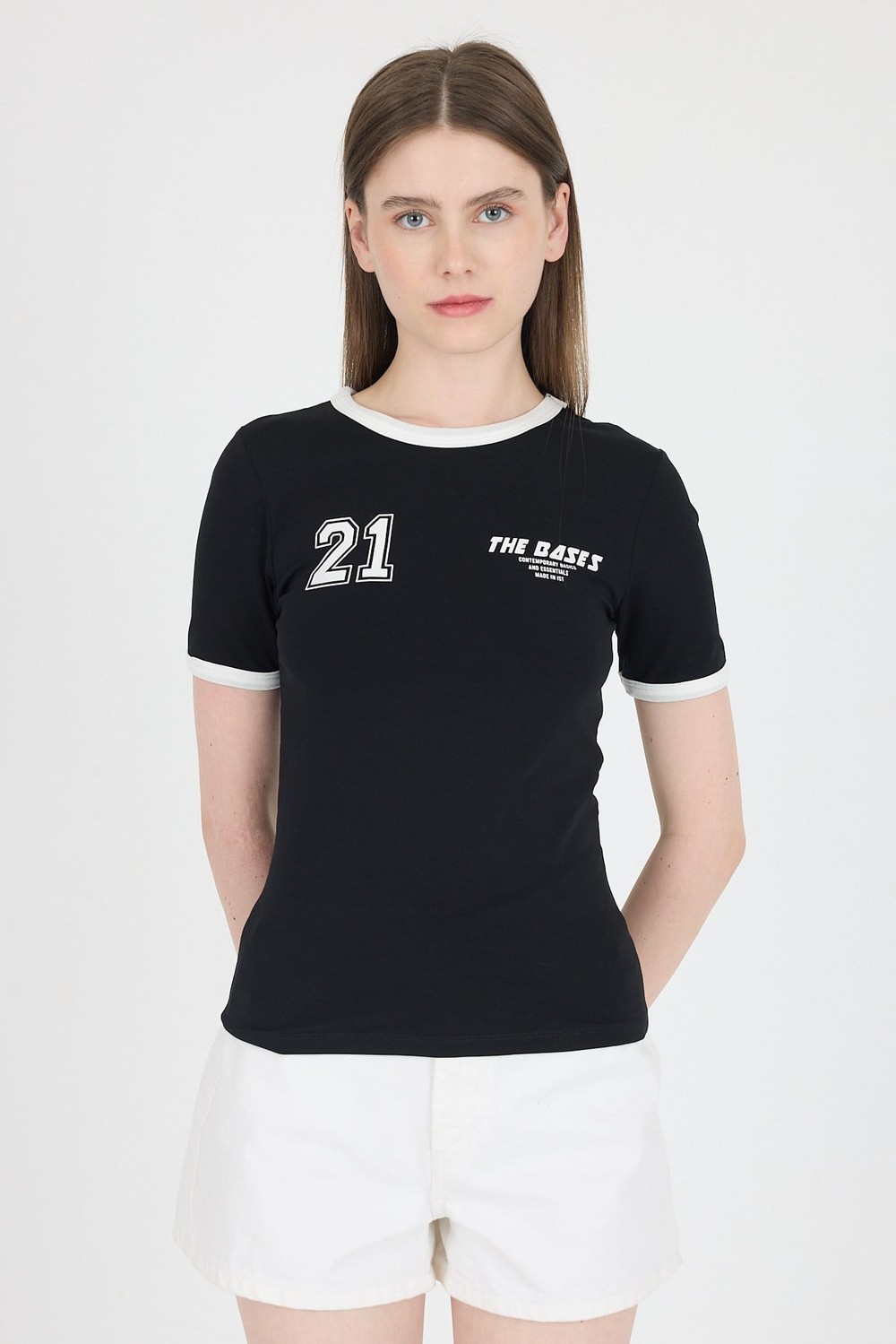 Kadın Tişört-Siyah Ribanalı Yazı Baskılı Slim Fit Tişört 5981-rulem